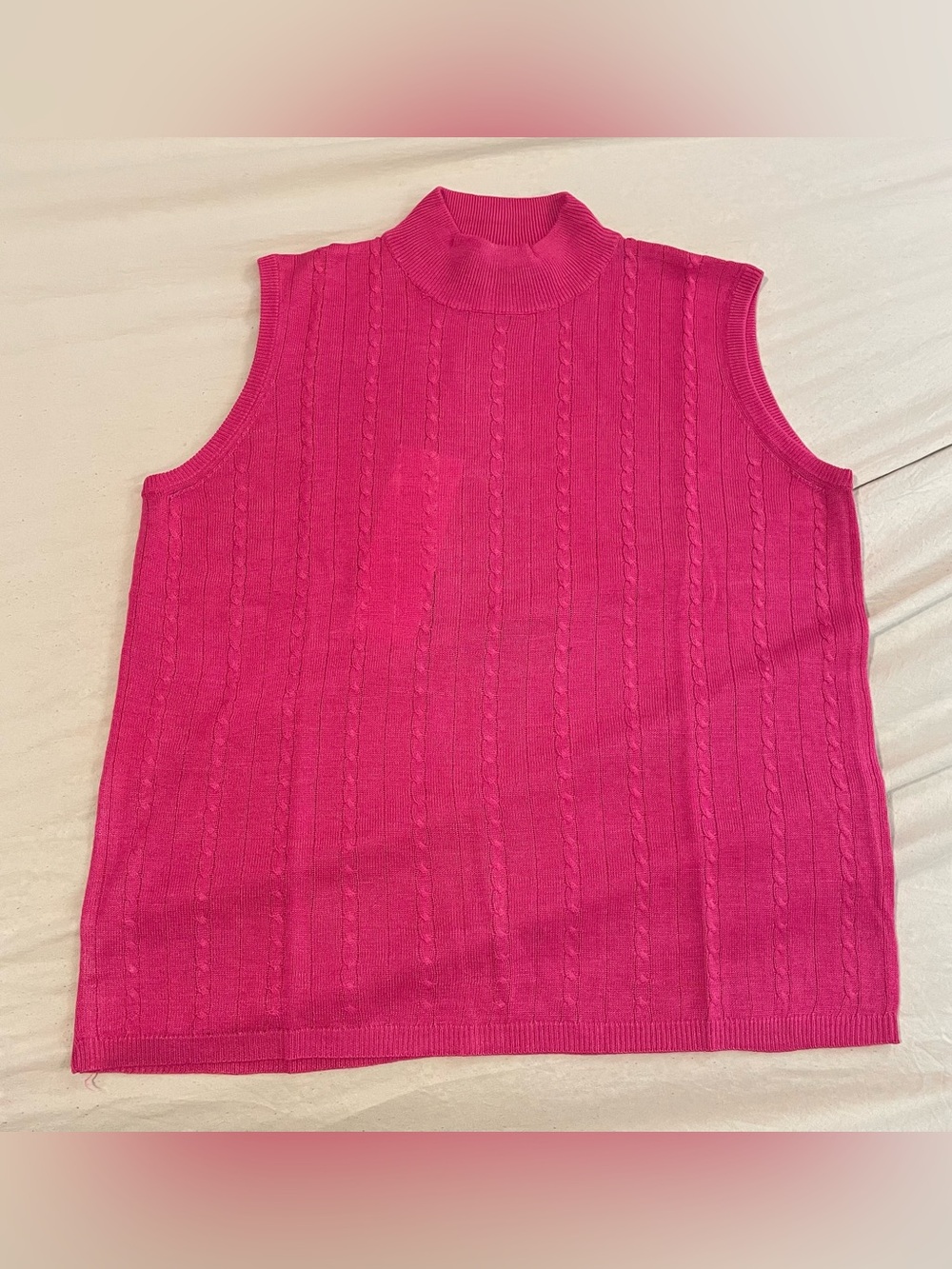 Plus Size 100% Silk Cable Knit Sleeveless Mock Neck Top in Hot Pink NWT